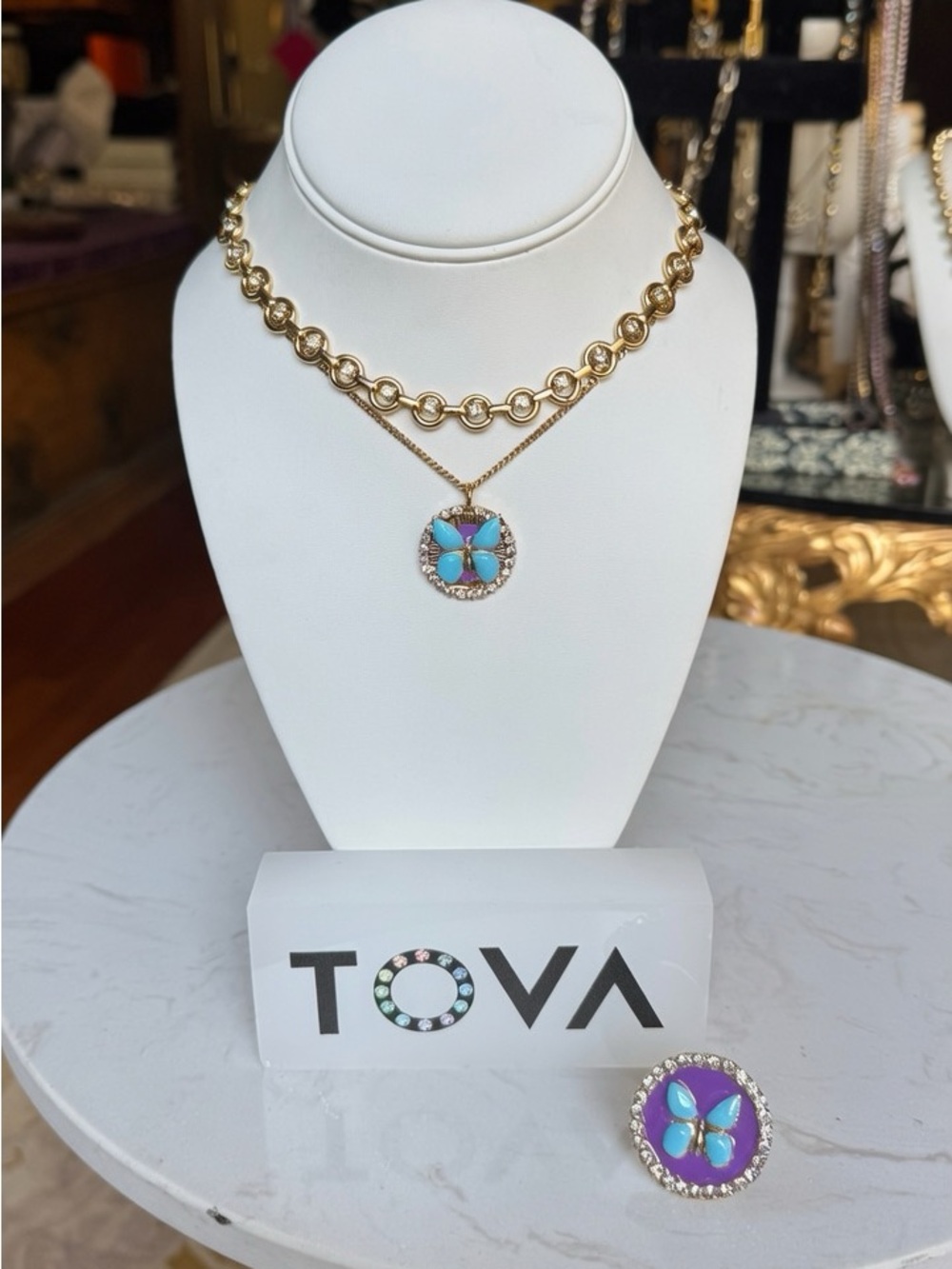 TOVA Gold Butterfly 🦋 Handpainted Enamel 
Pendant on a delicate chain.